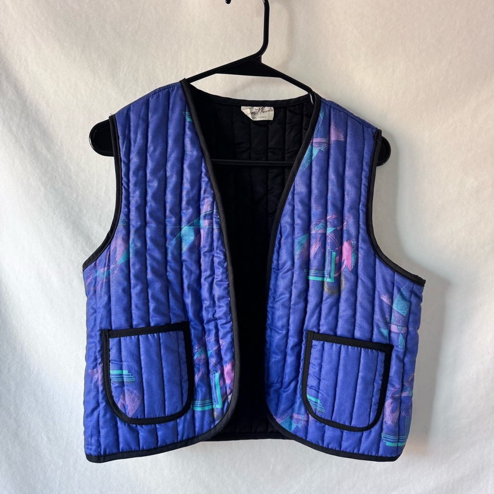 Vintage Jon Woods NY Quilted Vest 80s Abstract Art Print Blue/Purple Size M